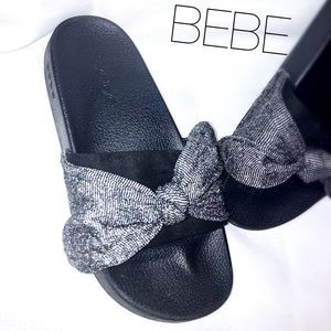 BEBE Tie Bow Slides, Silver & Black, Sz 7